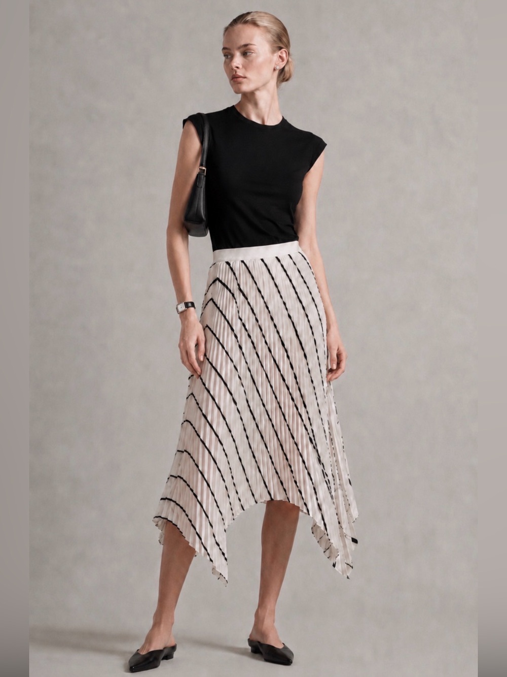 Helmut Lang Pleated Silk Skirt Ivory Black Asymmetric Handkerchief Hem Size 4